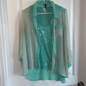 Mint green sparkly tank with light green sheer over shirt